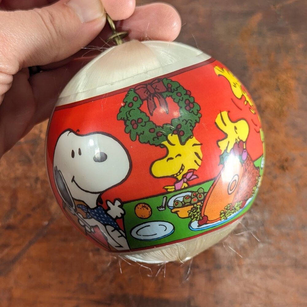 1970s SNOOPY + WOODSTOCK Satin Christmas Ball, vtg Peanuts Xmas ornament